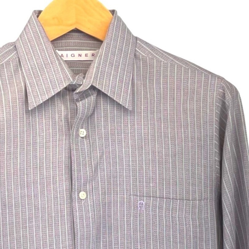 Aigner‎ Mens Dress Shirt Size 15.5 32 33 Mauve Striped Long Sleeve Button Down